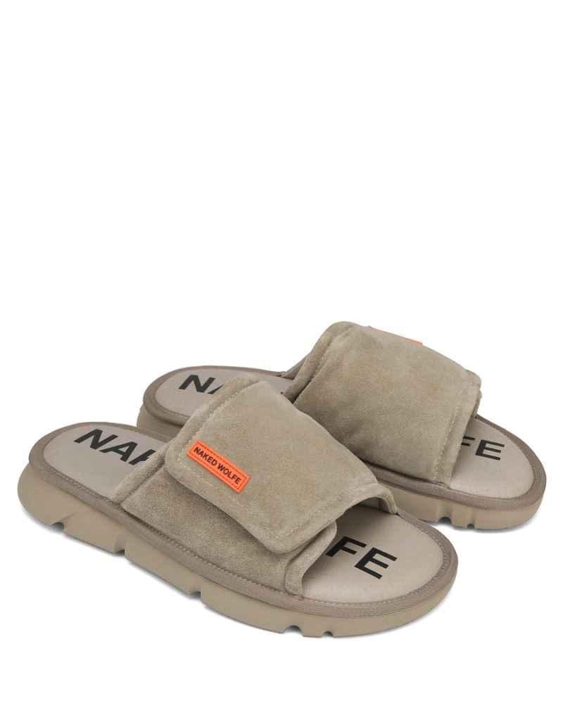 Grey Brown Naked Wolfe Alaska Suede Men's Slides | RIYADH 436IWJEDP