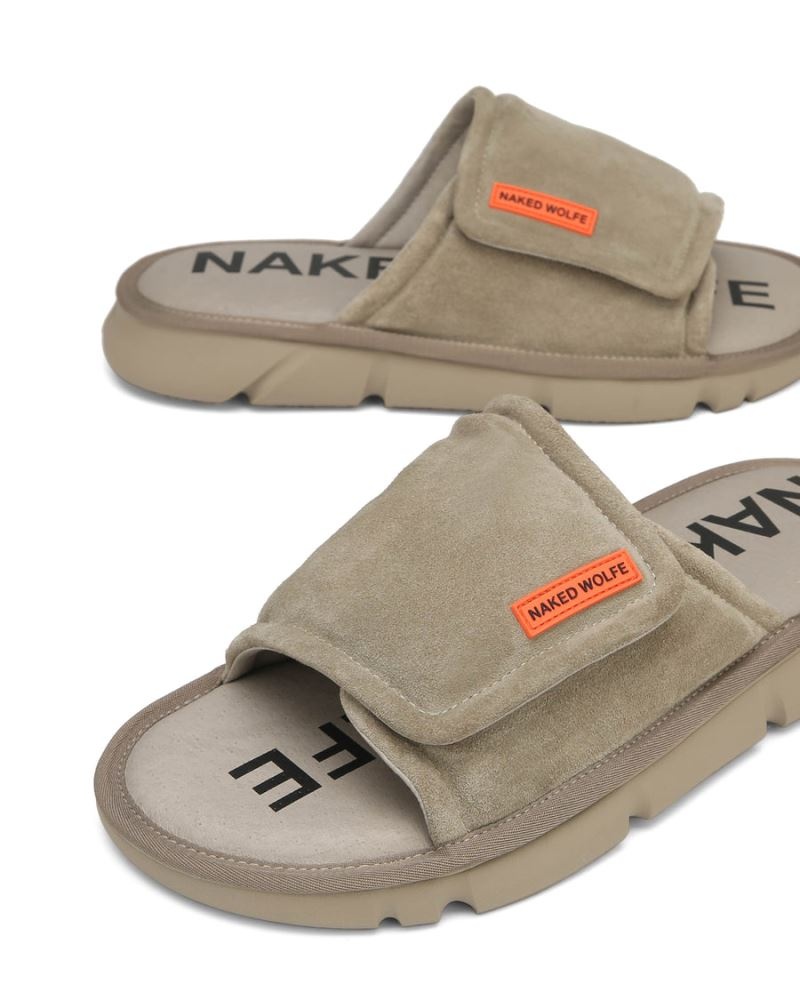 Grey Brown Naked Wolfe Alaska Suede Men's Slides | RIYADH 436IWJEDP