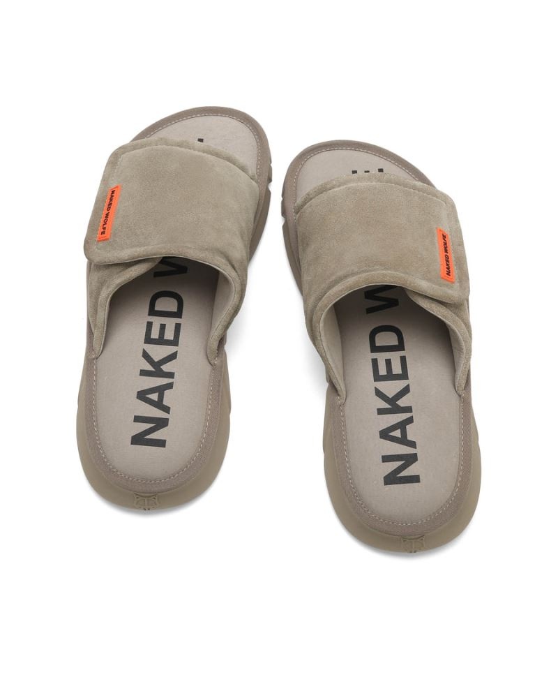 Grey Brown Naked Wolfe Alaska Suede Men's Slides | RIYADH 436IWJEDP