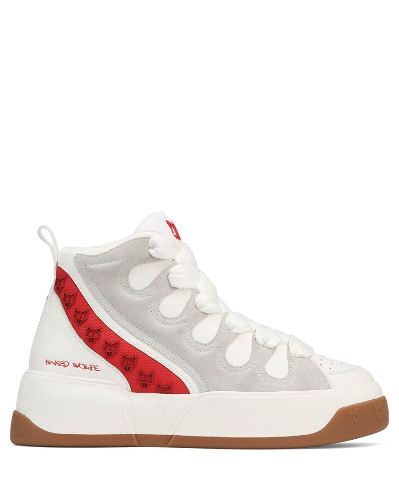 White / Red Naked Wolfe King Leather Men\'s Sneakers | RIYADH 579THVMDZ